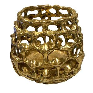 Brutalist Brass Votive Candle Holder MCM Openwork Honeycomb Design Korea